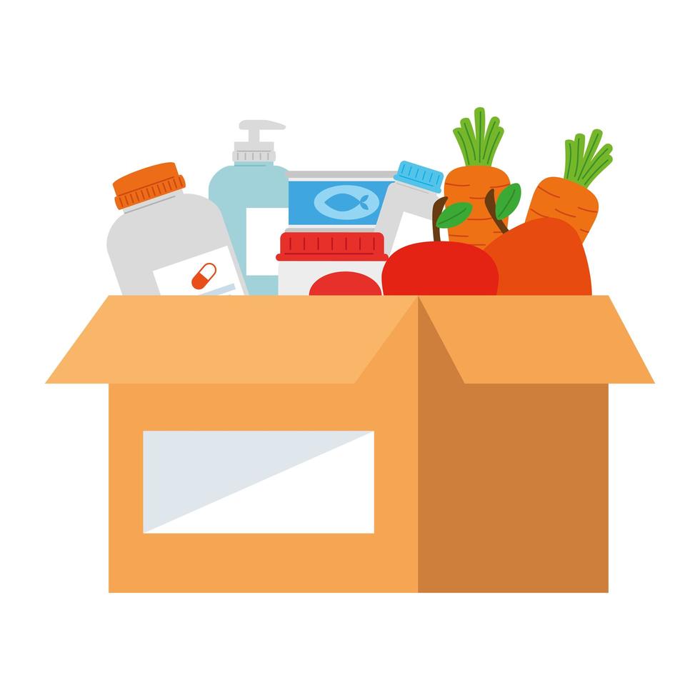 cardboard donation box food, social care, volunteering and charity concept vector