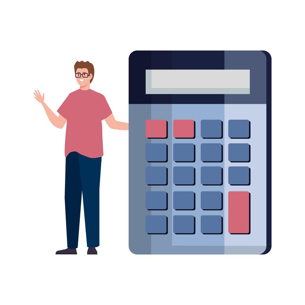 Hombre con calculadora, signo de finanzas aislado en blanco, concepto de economía vector