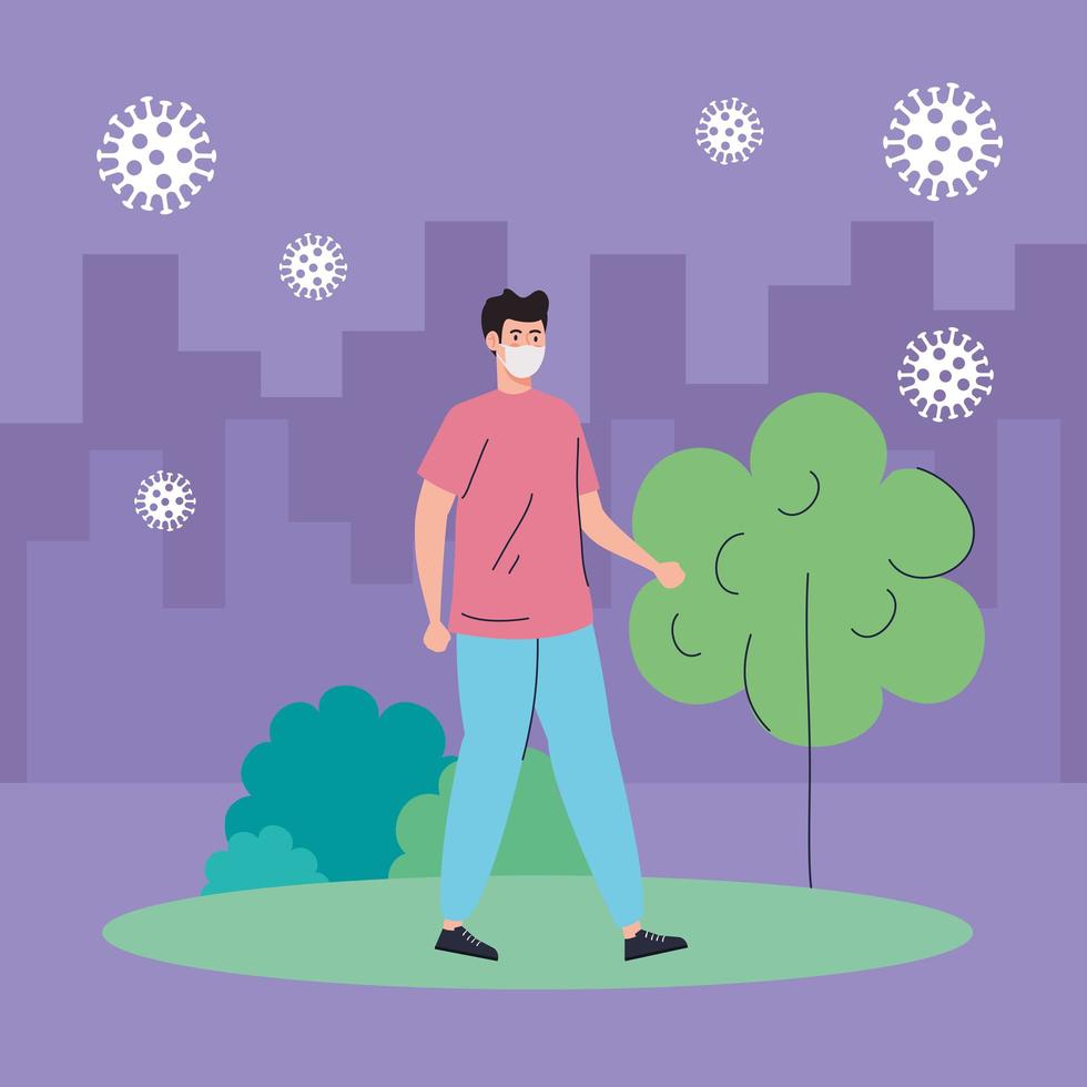 man using protective surgical mask on nature landscape during covid 19 pandemic vector