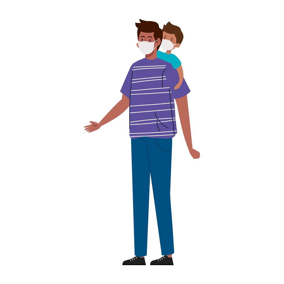 father and son wearing protective medical mask for prevent virus covid 19 vector