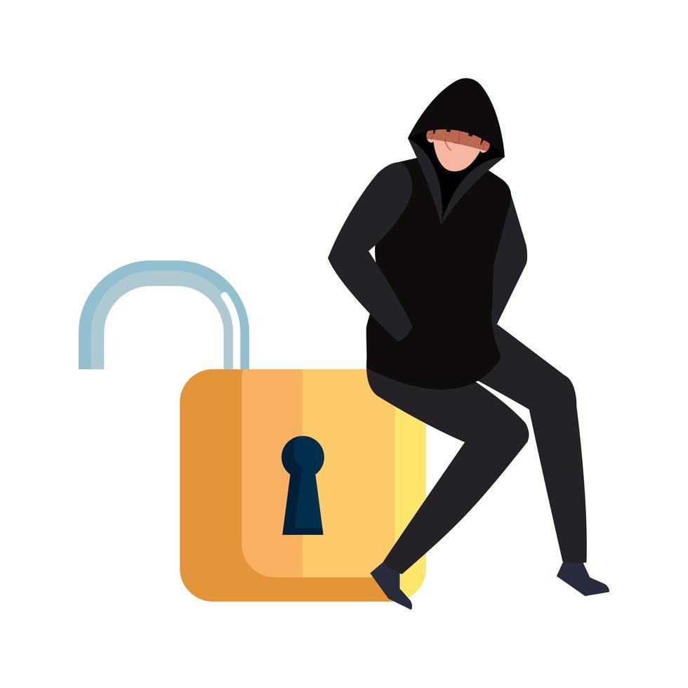 hacker with padlock on white background vector