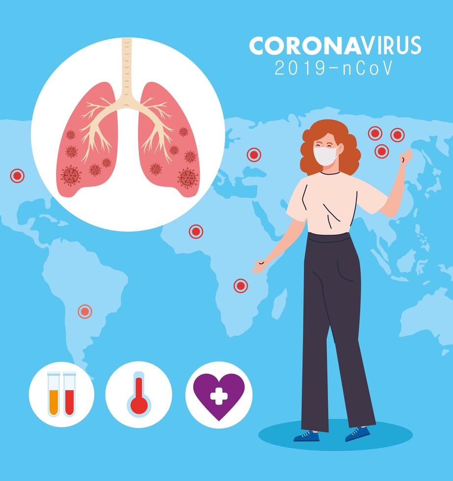 woman using medical protective mask against coronavirus 2019 ncov and medical icons vector