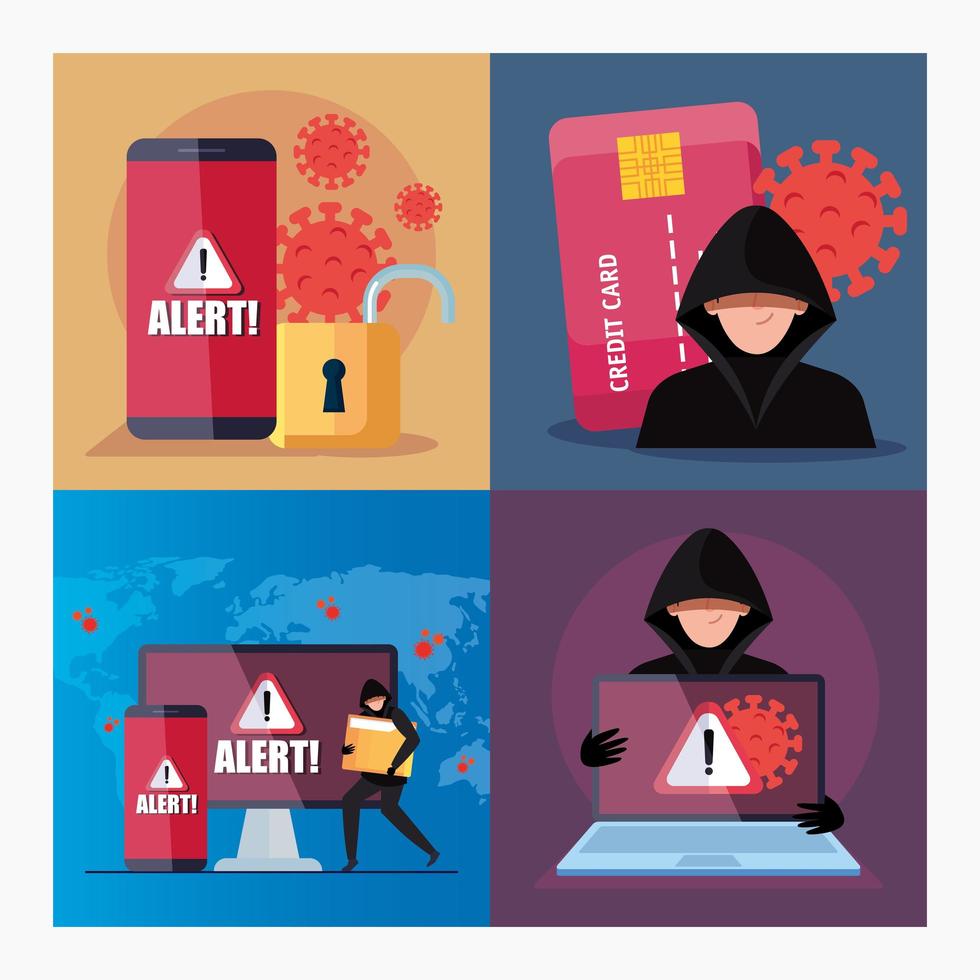 set scenes, hacker with devices electronics during covid 19 pandemic vector