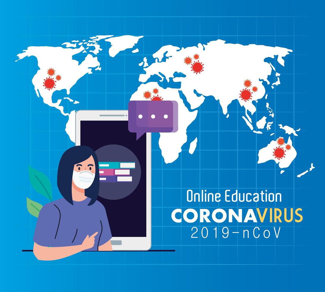 consejos de educación en línea para detener la propagación del coronavirus covid-19, aprendizaje en línea, estudiante mujer con teléfono inteligente vector