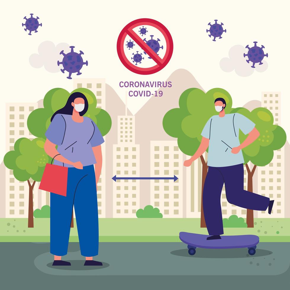 keep distance, couple using face mask in cityscape, during covid 19 vector