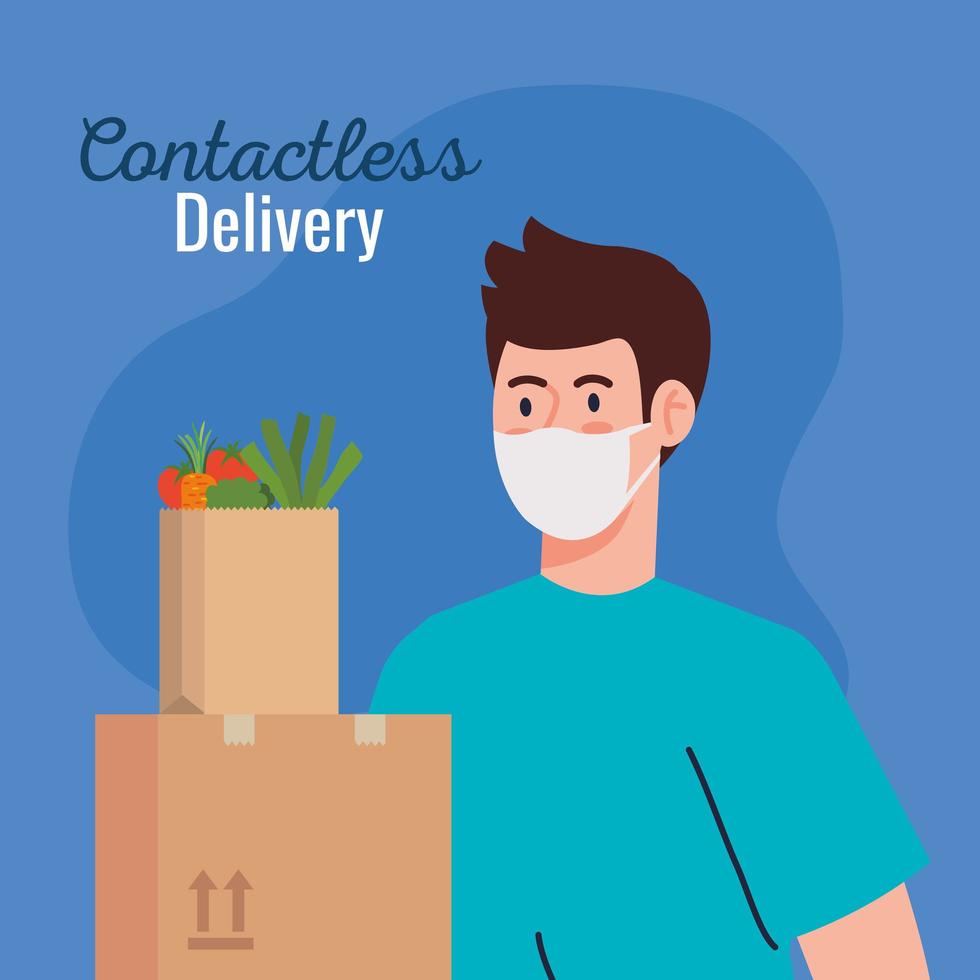 safe contactless delivery courier by covid 19, man with packages vector