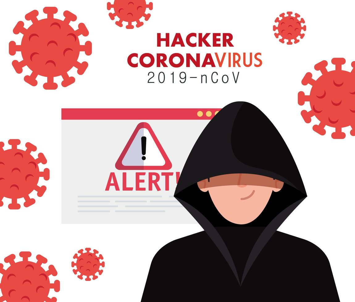 hacker con señal de advertencia de peligro durante la pandemia de covid 19 vector