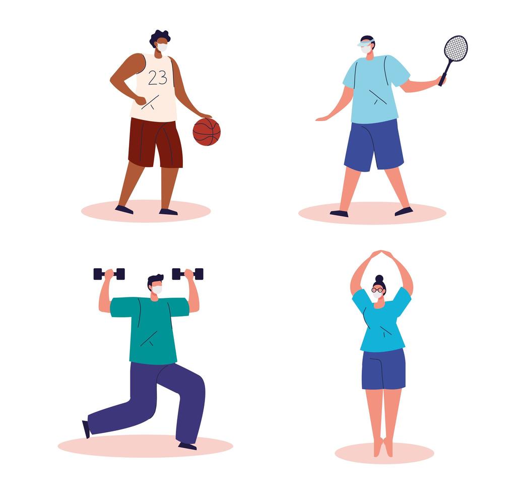 group of people practicing exercise using face mask vector