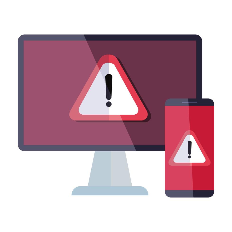 computer and smartphone with warning notification icon vector