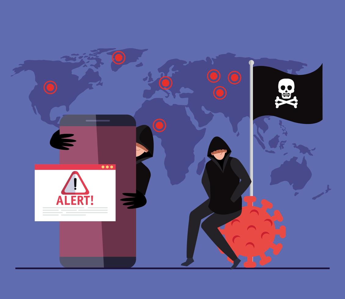 persons hacker with smartphone and alert sign during pandemic covid 19 vector