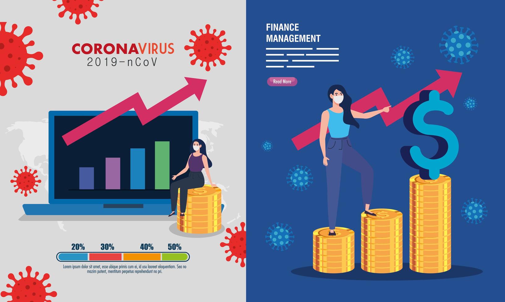 escenarios, recuperación de la gestión financiera del mercado después del covid 19, mujeres de negocios con iconos vector