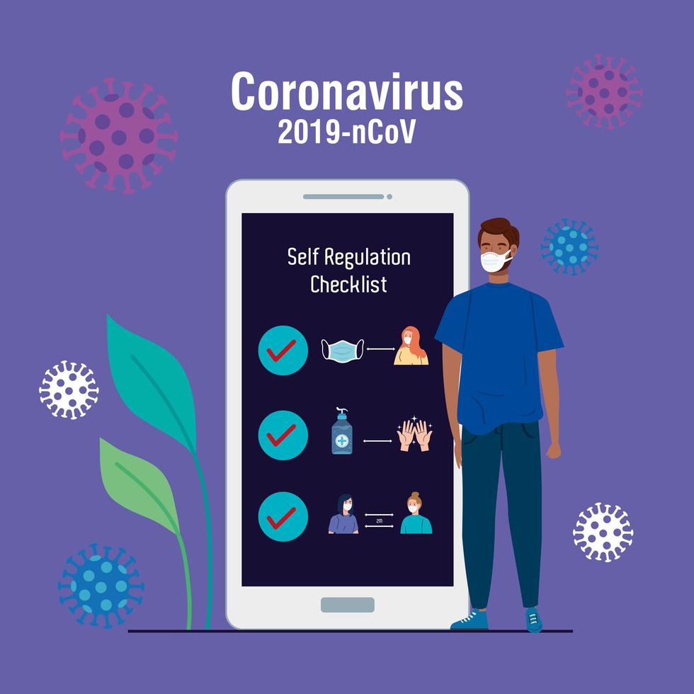 self regulation checklist for covid 19 in smartphone with man using medical mask vector