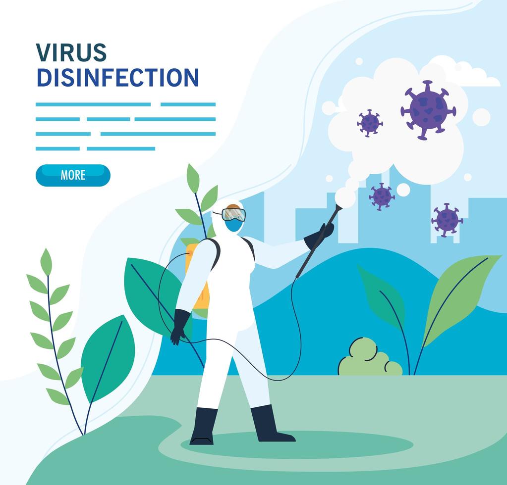 person with protective suit for spraying the covid 19 in landscape, disinfection virus concept vector