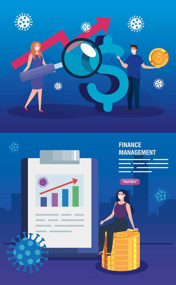 set scenes, finance management recovery of market after covid 19, business people with icons vector