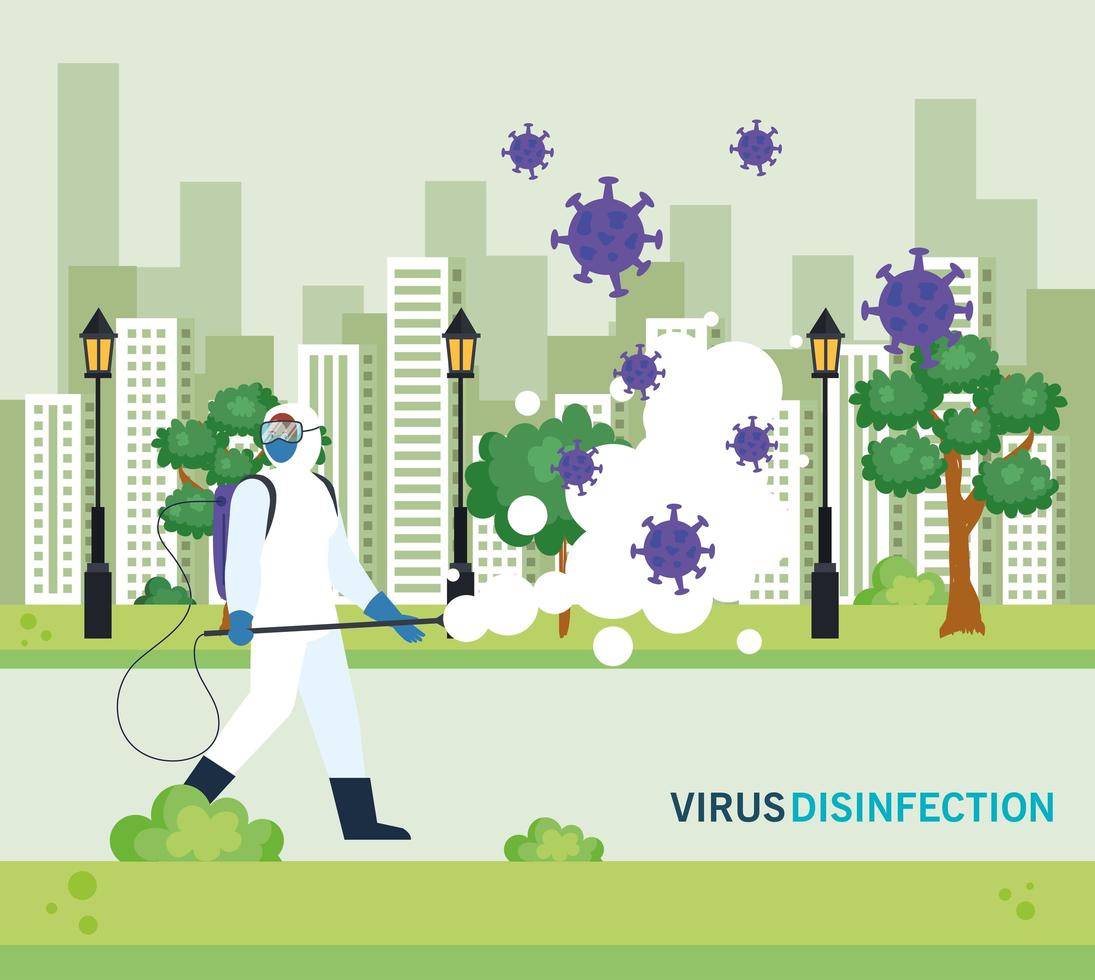 Persona con traje de protección para rociar el covid 19 en la ciudad, concepto de virus de desinfección vector