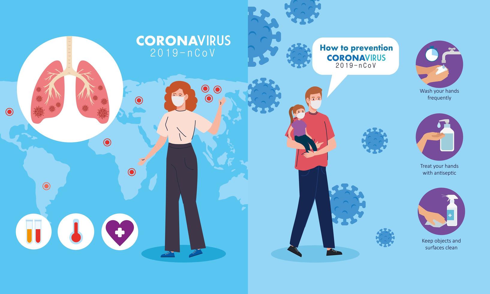 set scenes, prevention coronavirus 2019 ncov, father and daughter, woman using medical mask vector