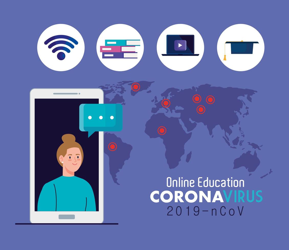 consejos de educación en línea para detener la propagación del coronavirus covid-19, aprendizaje en línea, estudiante mujer con teléfono inteligente vector