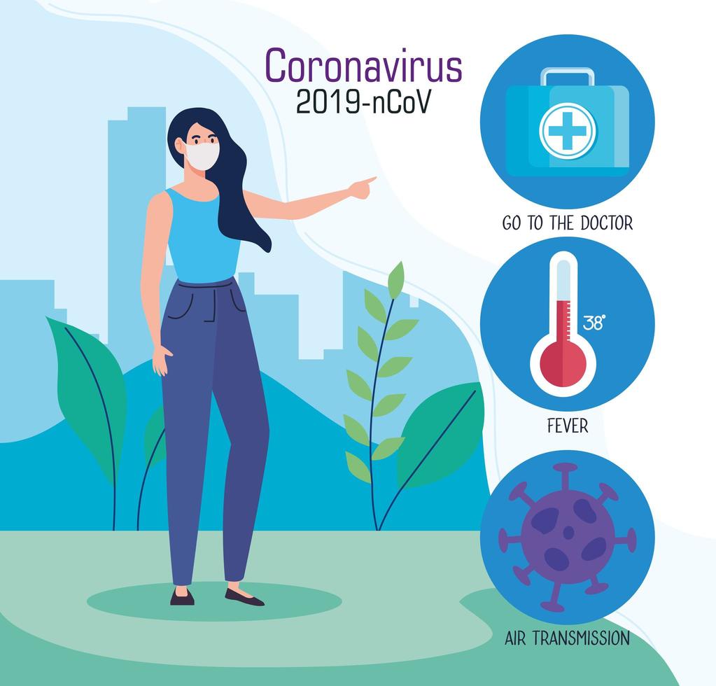 recommendations, woman using medical protective mask against coronavirus 2019 ncov vector