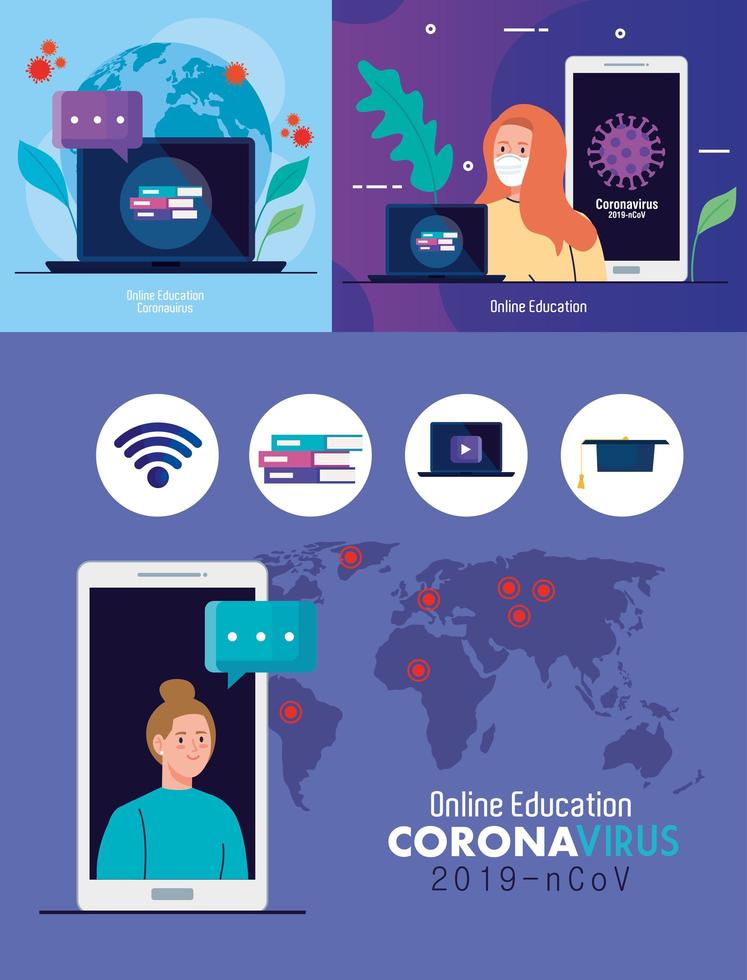 set scenes, online education to stop coronavirus covid-19 spreading, learning online concept vector