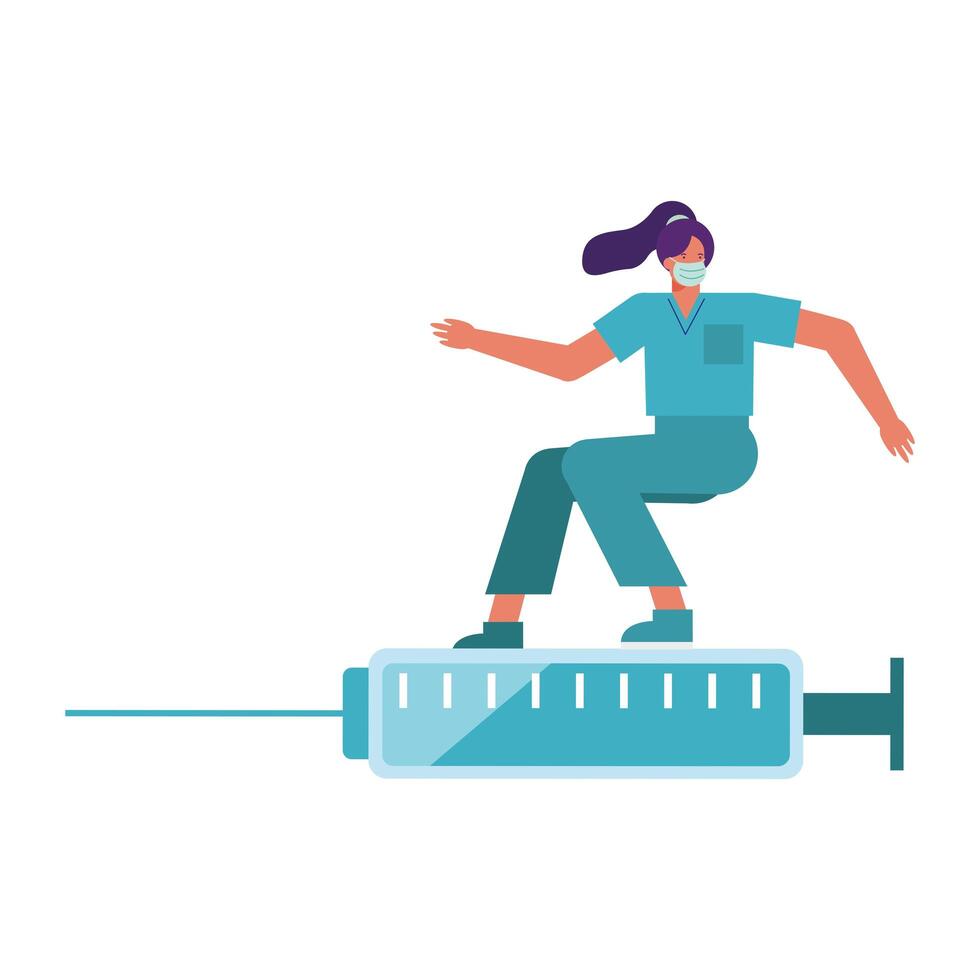 professional female surgeon wearing medical mask and surfing on syringe vector