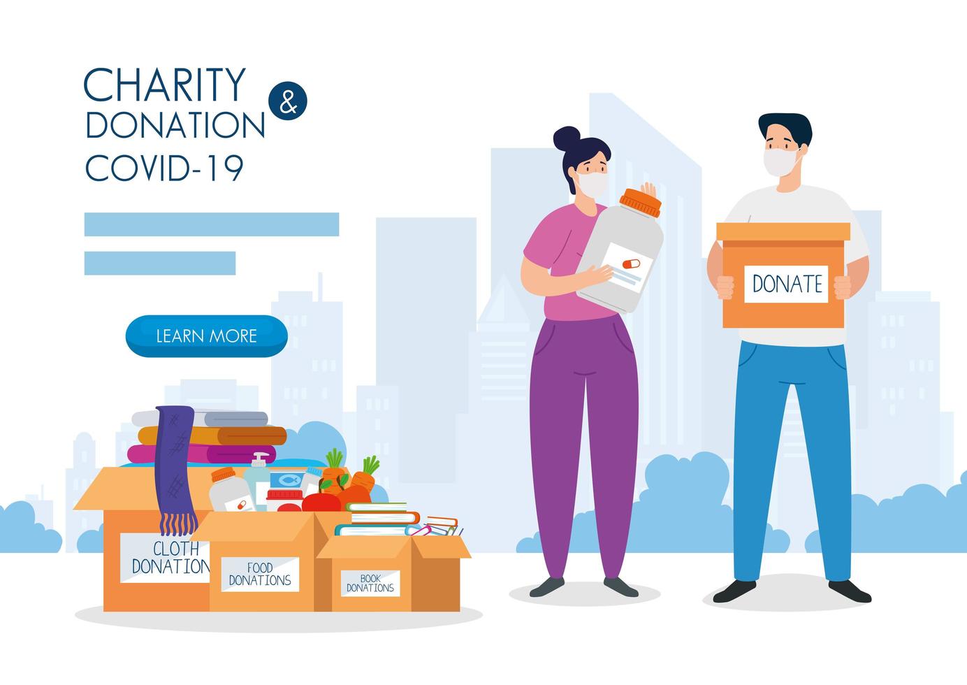 couple with cardboard donation boxes, social care, during coronavirus 2019 ncov vector