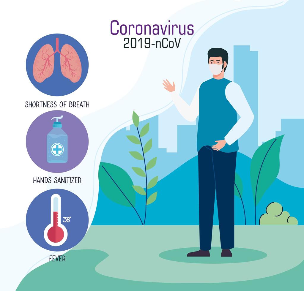 recommendations and symptoms, man using protective surgical mask for covid 19 vector