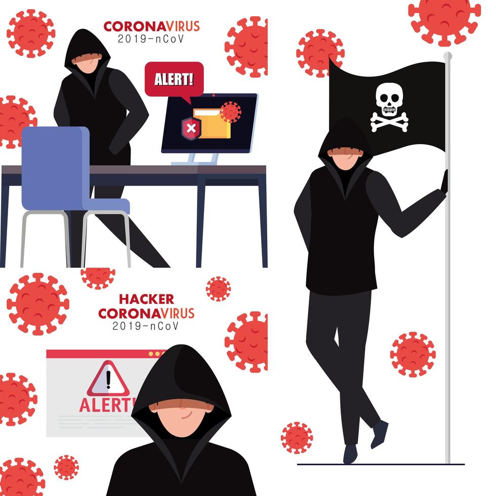 set scenes, hacker with devices electronics during covid 19 pandemic vector