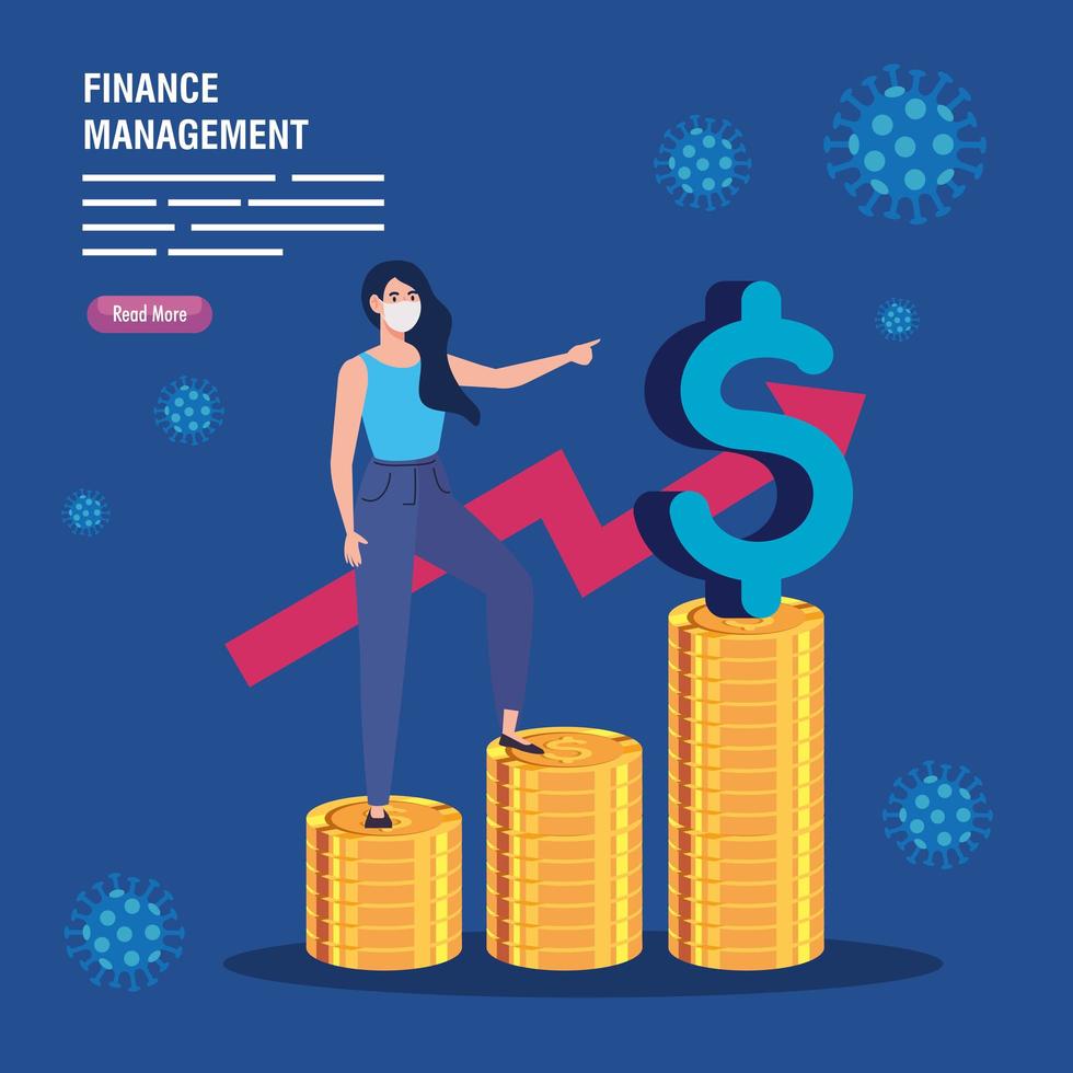 finance management recovery of market after covid 19, woman on pile coins vector