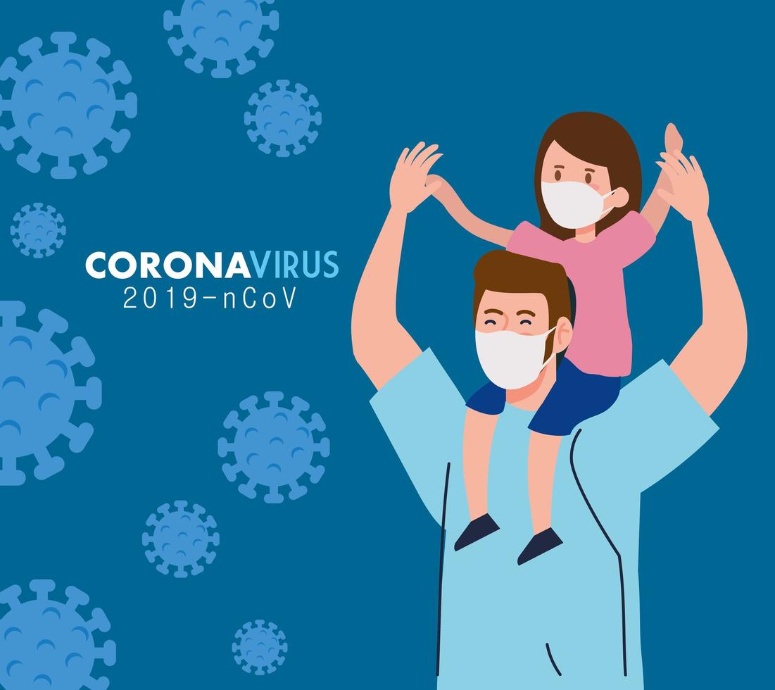 father and daughter wearing protective medical mask for prevent virus covid 19 vector