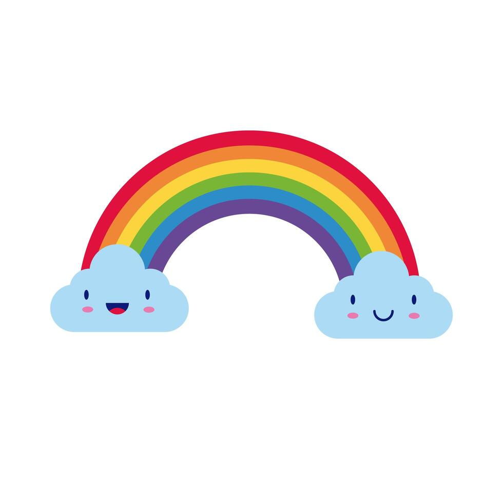 cute rainbow with clouds kawaii characters flat style icon vector