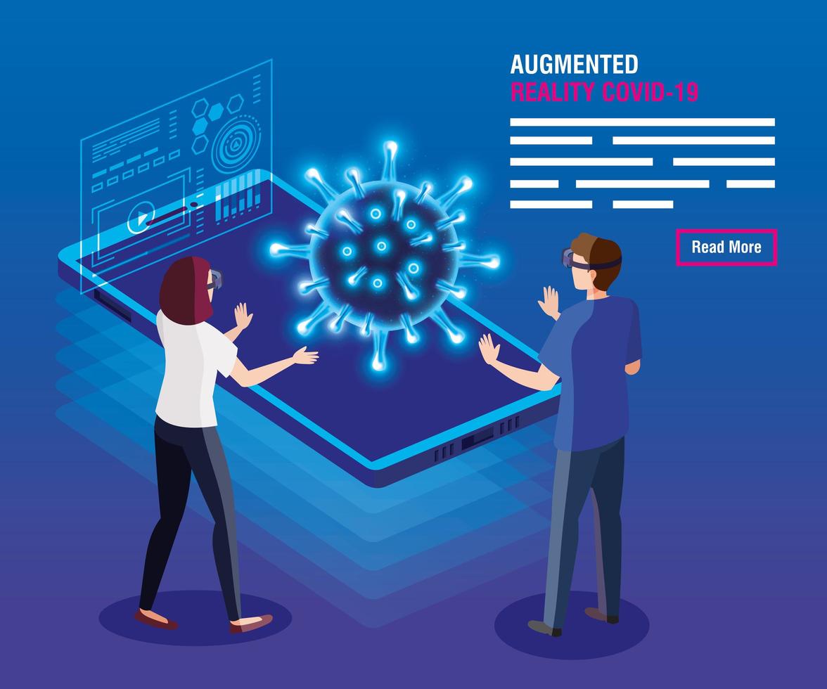 couple with glasses virtual reality and smartphone, augmented reality, coronavirus covid 19 vector