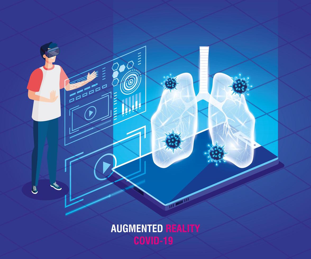 man with glasses virtual reality and smartphone, augmented reality, coronavirus covid 19 vector