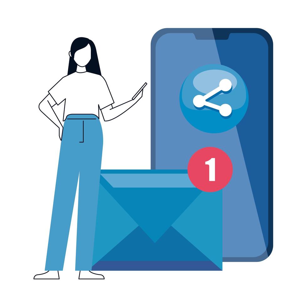 woman and smartphone with social media icons, concept of online communication on white background vector