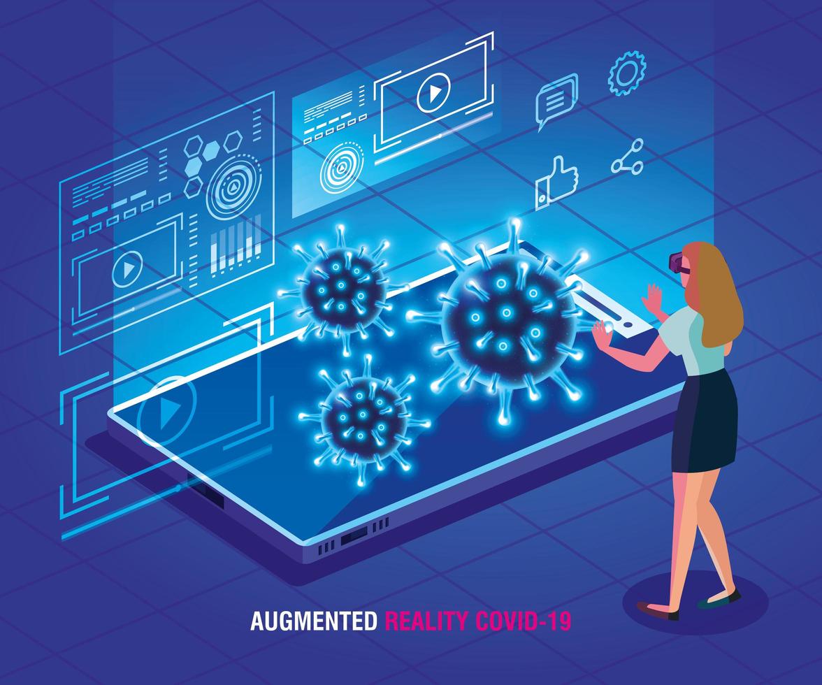 woman with glasses virtual reality and smartphone, augmented reality, coronavirus covid 19 vector