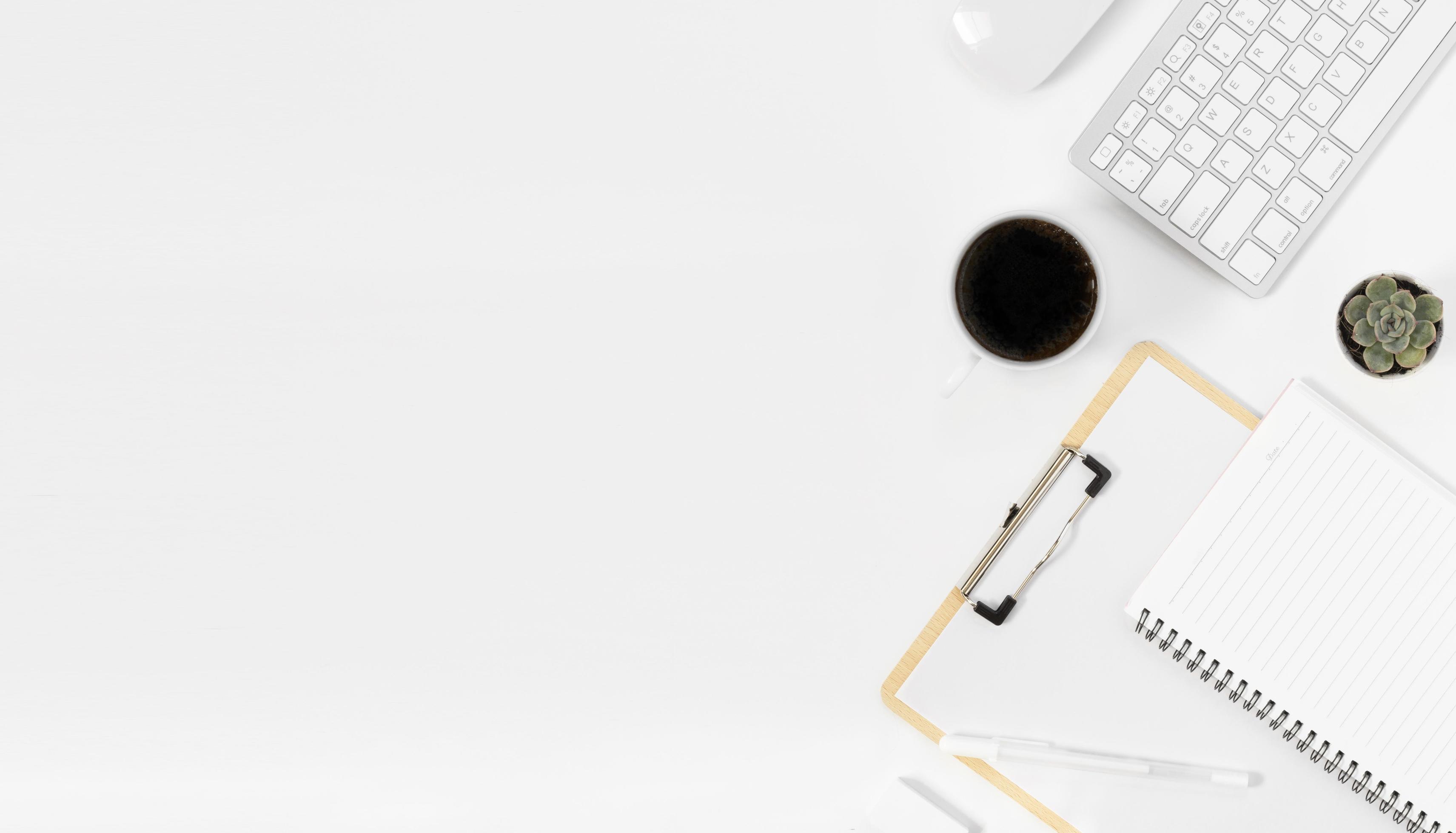 Minimal Office desk table top view with office supply and coffee cup on