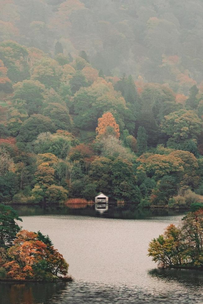 Lake District, UK, 2020 - White and black house near lake surrounded by green and brown trees during daytime photo