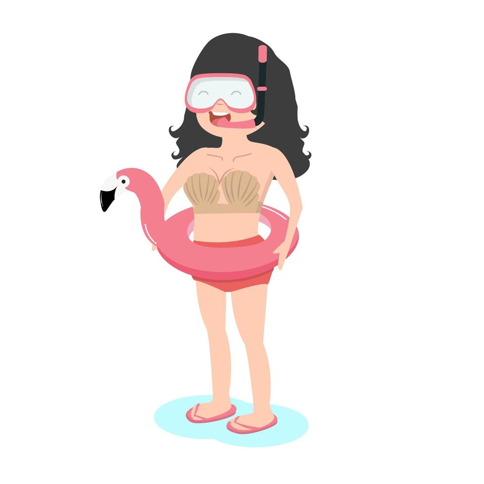 Young woman with flamingo float ready to swim vector