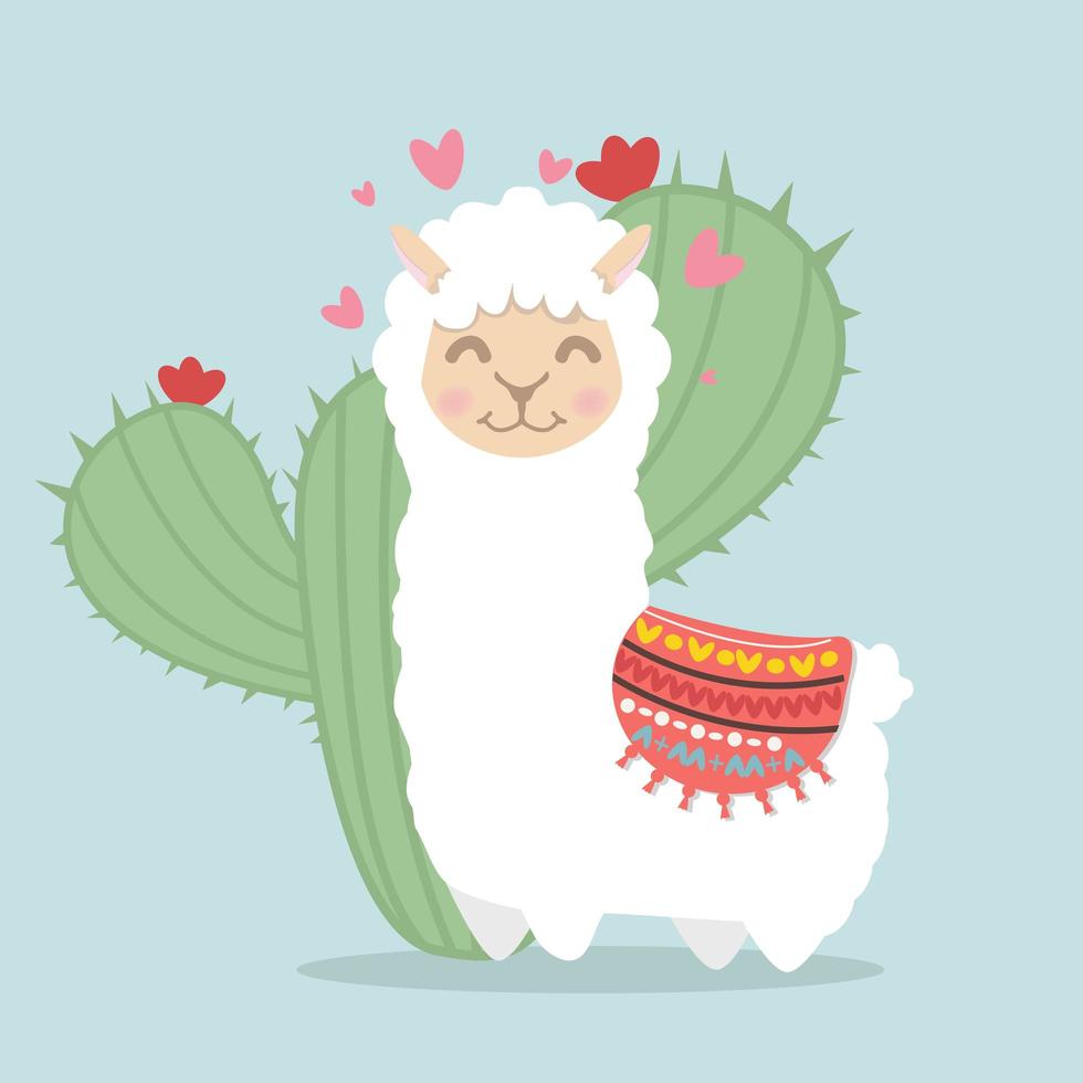 fluffy llama with cactus plant vector