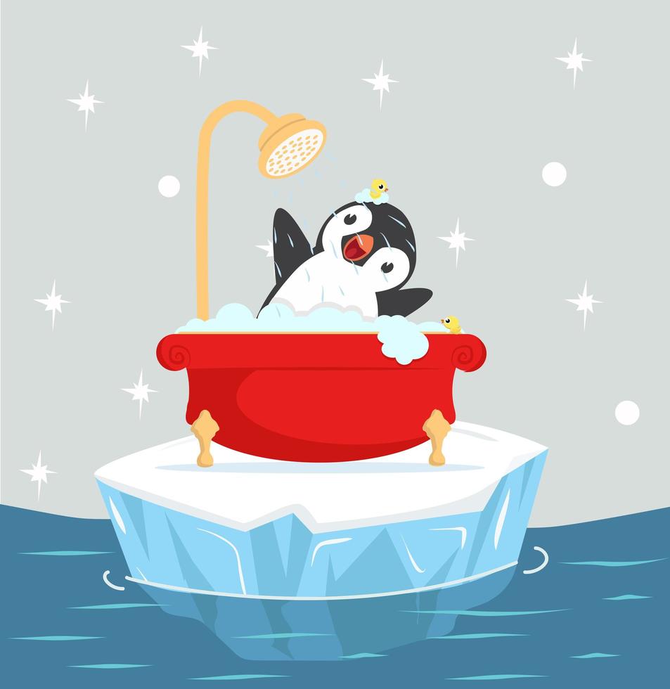 penguin taking a bath with foam vector