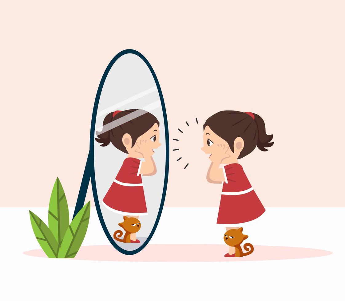 little girl with cat standing in front of a big mirror vector