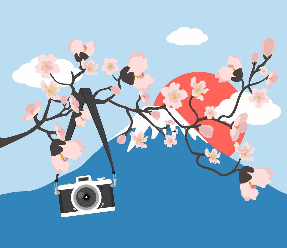 camera hanging with pink floral branch at Mount Fuji vector