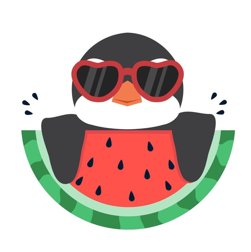 penguin with fresh watermelon vector
