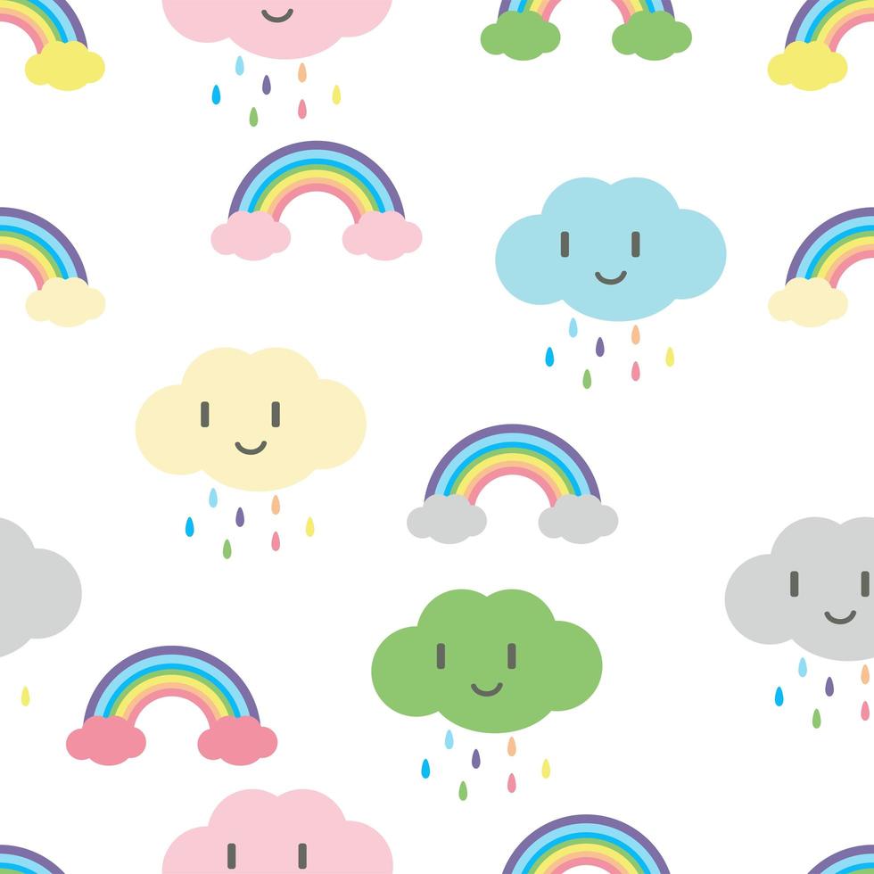 rainbows and clouds with cute faces seamless pattern vector