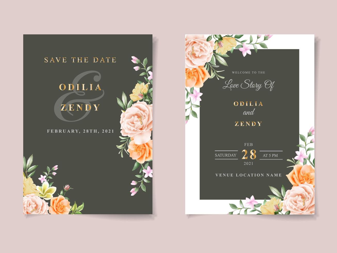 floral watercolor wedding invitation card template vector