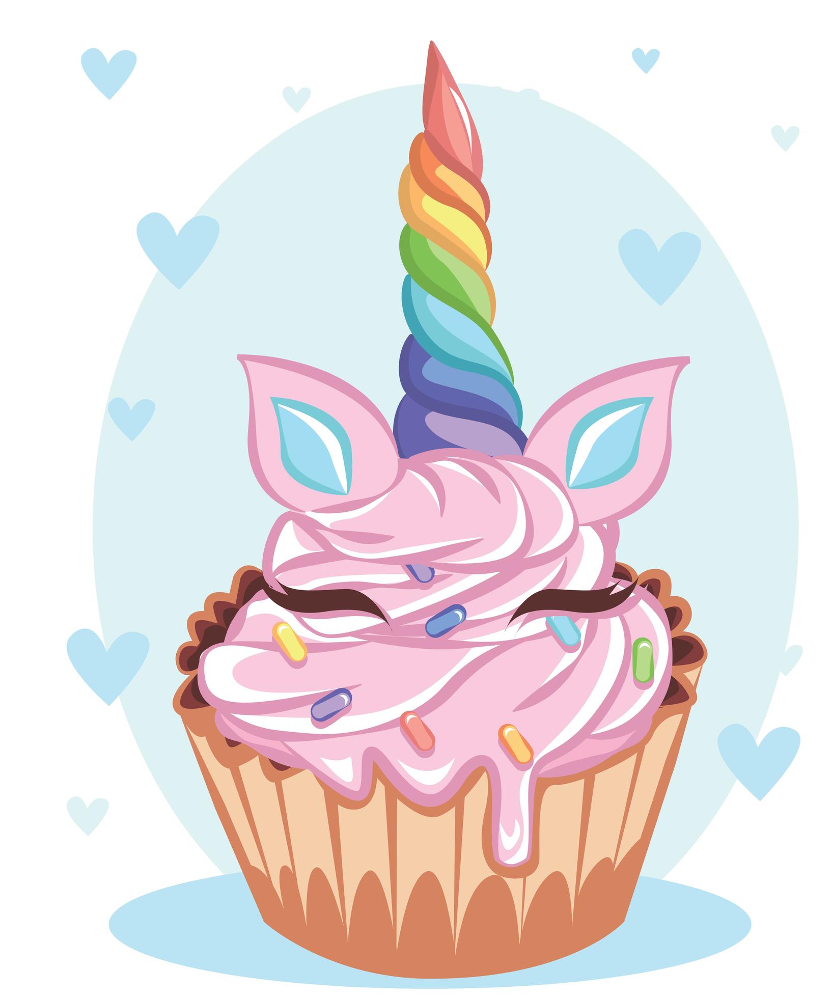 Cute rainbow unicorn cupcake on a white background. It can be used for