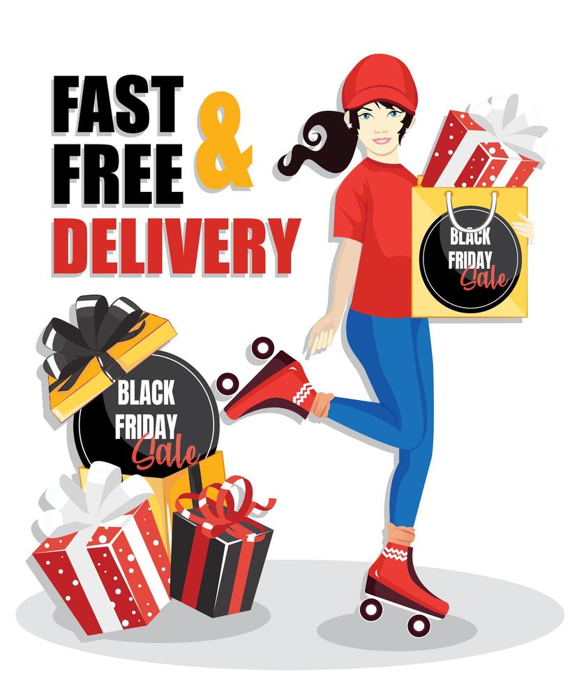Delivery woman, delivering a package with black friday sale gift. fast and free delivery. vector