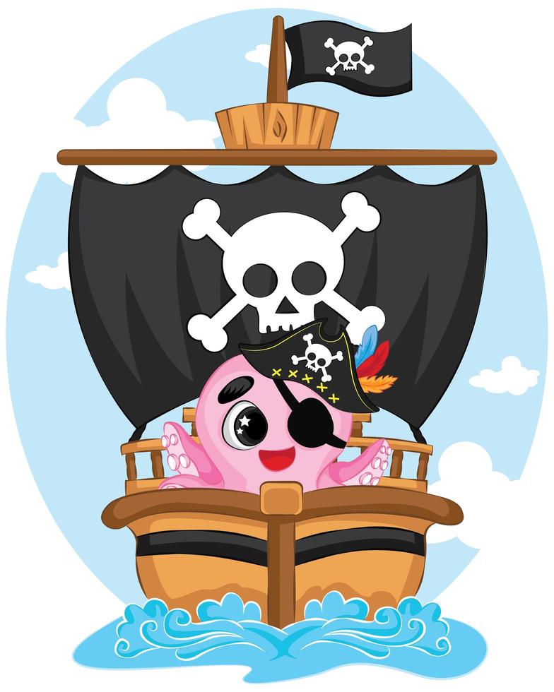 Cute cartoon pink octopus character pirate with an eye patch on pirate ship, funny ocean coral reef animal vector Illustration
