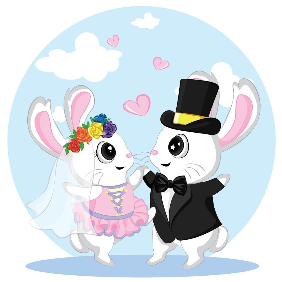 lindos conejitos enamorados, ilustración del día de San Valentín de novios de conejitos. recién casados. vector