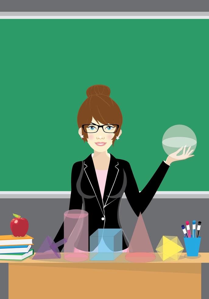 education, high school, mathematics and people concept - smiling teacher standing in front of students and showing mathematical equalities on board in classroom vector