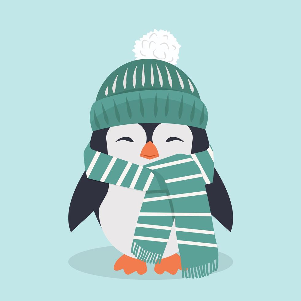 personaje de pingüino con sombrero y bufanda vector